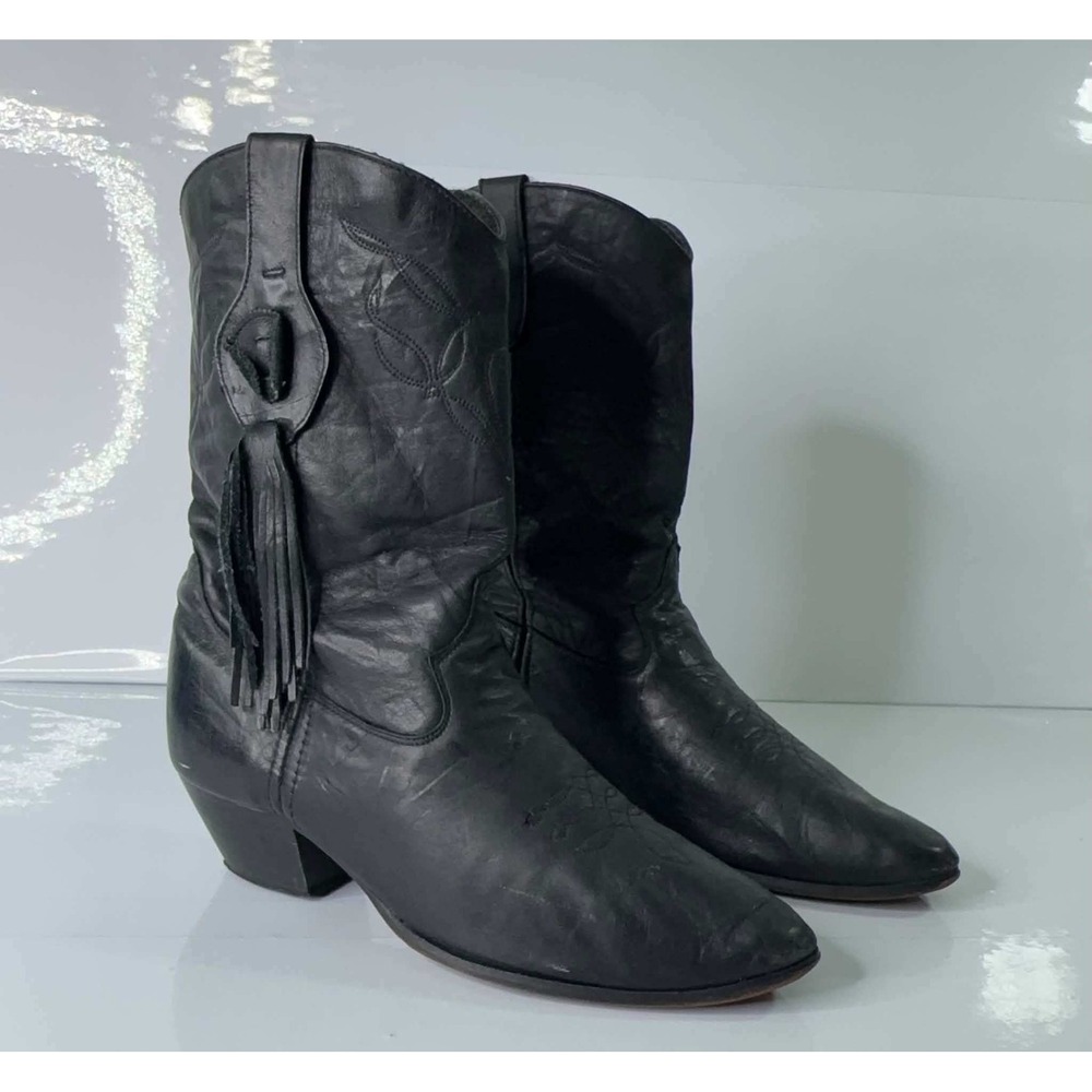 VTG Laredo Black Leather Fringe Western Cowboy Boots Women's Size 9 USA Made